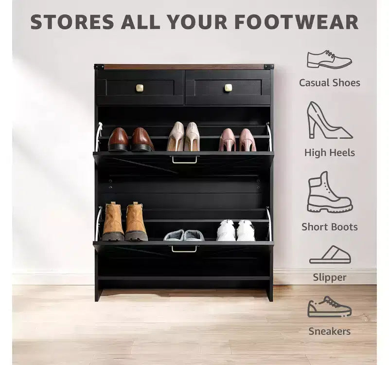 Meuble à chaussures étroit de style ferme avec tiroirs à abattant - Meuble de rangement pour chaussures d'entrée avec 2 tiroirs utilitaires