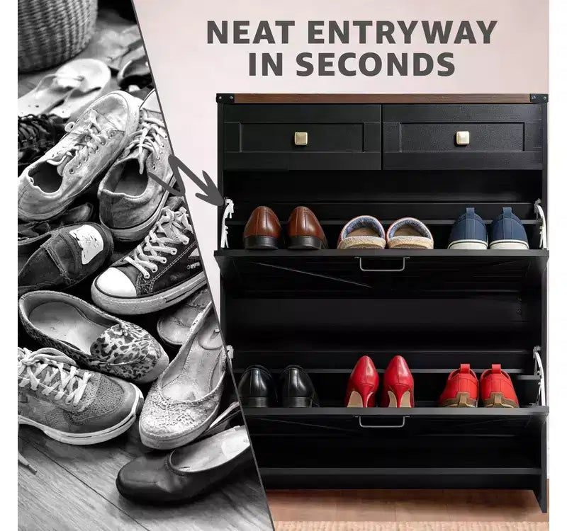 Meuble à chaussures étroit de style ferme avec tiroirs à abattant - Meuble de rangement pour chaussures d'entrée avec 2 tiroirs utilitaires