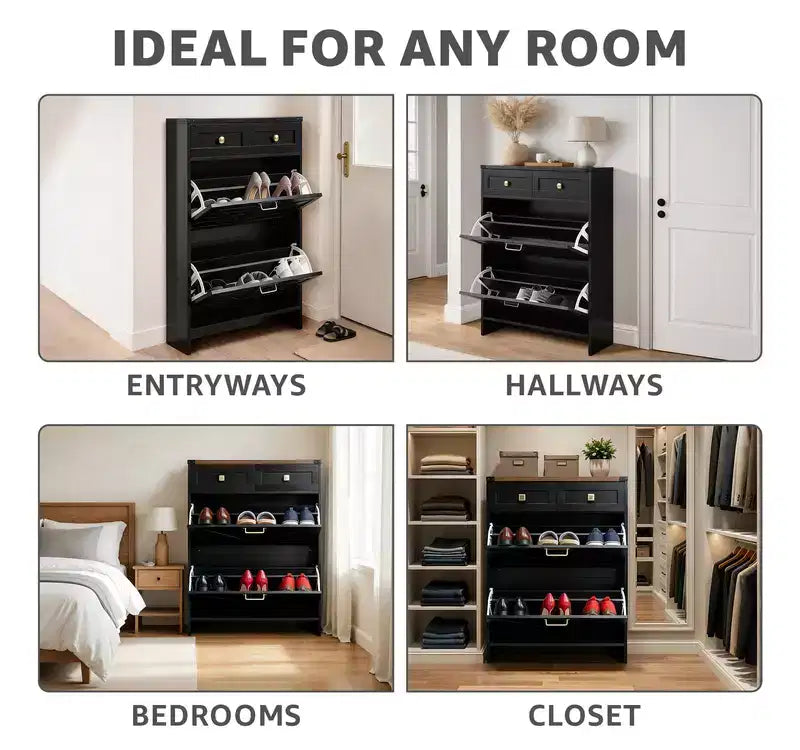 Meuble à chaussures étroit de style ferme avec tiroirs à abattant - Meuble de rangement pour chaussures d'entrée avec 2 tiroirs utilitaires