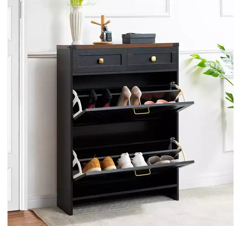 Meuble à chaussures étroit de style ferme avec tiroirs à abattant - Meuble de rangement pour chaussures d'entrée avec 2 tiroirs utilitaires