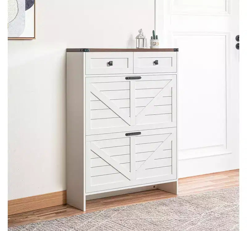 Home Imports Emporium Farmhouse Slim Shoe Cabinet with Flip Drawers  Narrow Entryway Shoe Storage Cabinet with 2 Utility Drawers