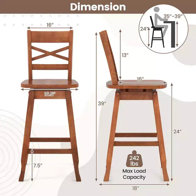Tabouret de bar pivotant en bois d'hévéa de 24/30 pouces avec dossier incliné Noyer