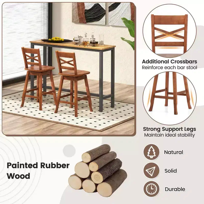Tabouret de bar pivotant en bois d'hévéa de 24/30 pouces avec dossier incliné Noyer
