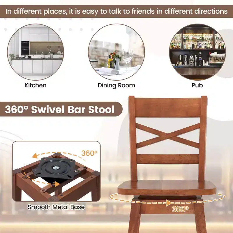 Tabouret de bar pivotant en bois d'hévéa de 24/30 pouces avec dossier incliné Noyer