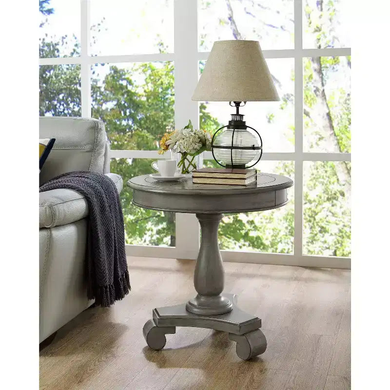 Rene Round Wood Pedestal Side Table, Gray