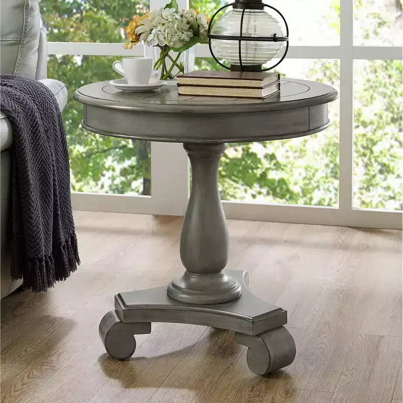 Table d'appoint ronde sur pied en bois, grise